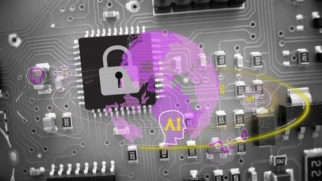Cyber security concept, globe with tech icons on motherboard background - 3D render - Powered by Adobe