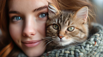 Veterinarian woman hugs a cute kitten ,generative ai