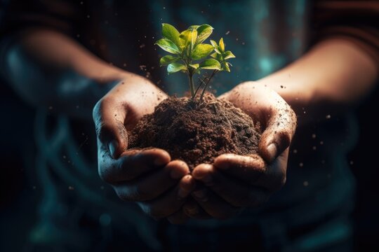 Hand holding soil with young plant for Earth Day.