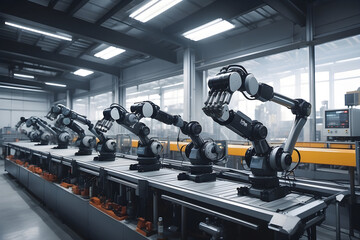 Minimal Smart industry robot arms for digital factory production technology showing automation manufacturing process of the Industry 4.0 or 4th industrial revolution and IOT software to control opera