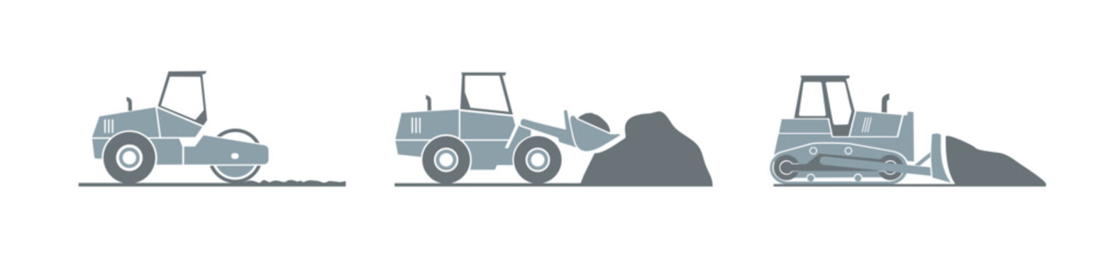 Construction heavy machinery isolated set. Special equipment for construction work. Excavator, tractor, bulldozers, asphalt road roller, road grader.Commercial vehicles. Flat vector illustration. Icon