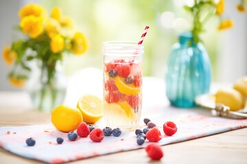 raspberry lemonade in a clear glass, garnished with fresh berries