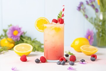 raspberry lemonade in a clear glass, garnished with fresh berries