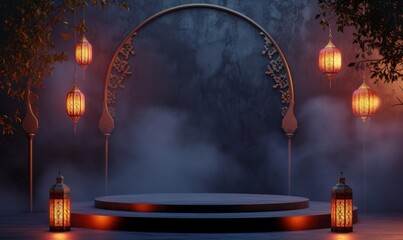 Modern Islamic themed display with hanging lanterns and an empty podium set against a textured wall, ideal for showcasing products during Ramadan and Eid.