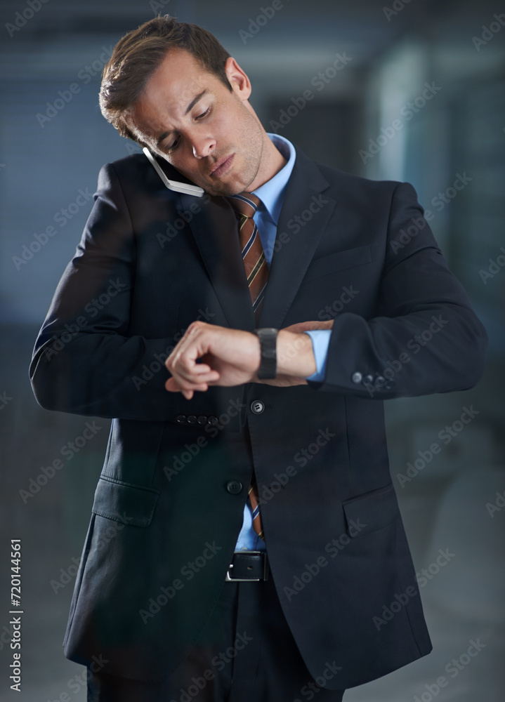 Poster phone call, watch and business with man, conversation and appointment with employee, check time and 