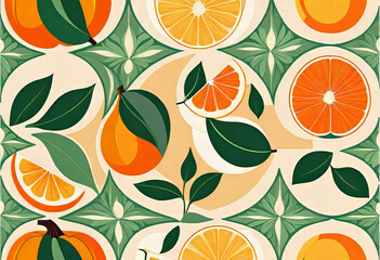 Abstract patterns and ornament with fruits, vintage modern style vector illustration, seamless illustration with abstract fruit shapes, Fresh organic background print concept. geometric collage,