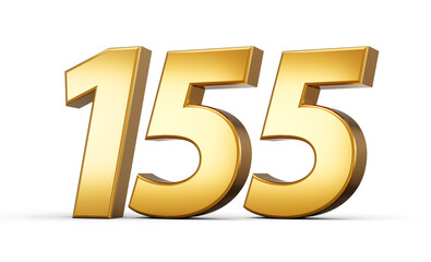 3d number 155 one hundred fifty five Gold text isolated on white background with reflection 3d illustration