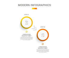 Business vector infographics with two circles and arrows. Timeline visualization with 2 steps for diagram, flowchart, banner, presentations, web, content, levels, chart, graphic