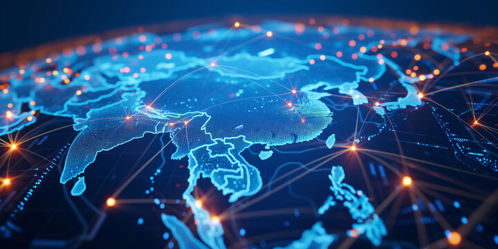 Fototapeta Digital map of Asia, concept of global network and connectivity, data transfer and cyber technology, business exchange, information and telecommunication