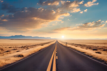 Naklejka premium Sunset Drive through Desert Landscape on Straight Highway