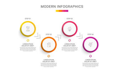 Business vector infographics with four circles and arrows. Timeline visualization with 4 steps for diagram, flowchart, banner, presentations, web, content, levels, chart, graphic