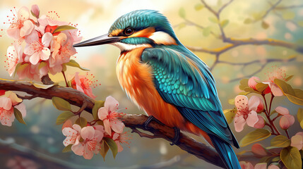 a beautiful asian inspired kingfisher artwork, relax calm style