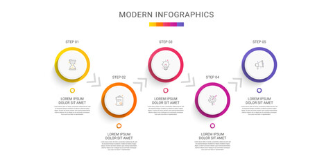 Business vector infographics with five circles and arrows. Timeline visualization with 5 steps for diagram, flowchart, banner, presentations, web, content, levels, chart, graphic