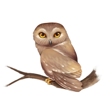 Owl on branch. Illustration, isolated on white.