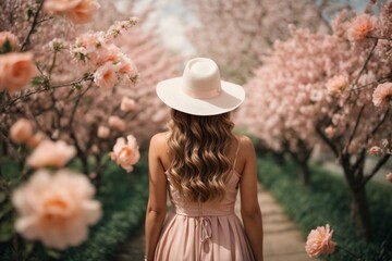 An elegant woman with long brown hair in a hat and Peach Fuzz dress poses in a blooming garden. Back view.
