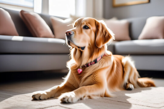 A dog of the Golden Retriever breed lies in the living room on the floor against the backdrop of the sofa, and the sun is shining from the window. Banner for pet store and dog sitter.
