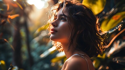 dark-haired woman in profile enjoying the sun in nature