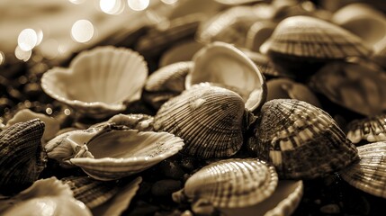 A close-up of assorted seashells in sepia tones, highlighting textures and patterns.