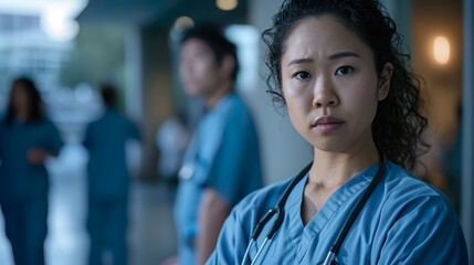 Fototapeta premium healthcare focus: a confident woman in blue scrubs