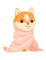Cat character in blanket. Cartoon drawing of adorable comic domestic animal in warm clothing isolated on white background. Vector illustration