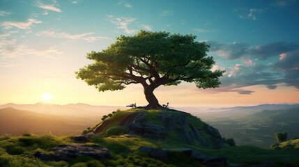 a big beautiful tree on the mountains, wallpaper design