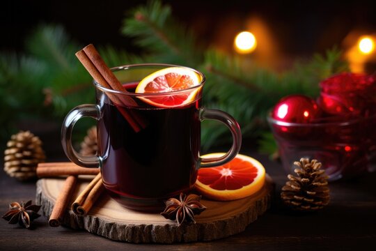A glass of hot Christmas mulled wine with spices and fresh fruit pieces. Traditional winter drink