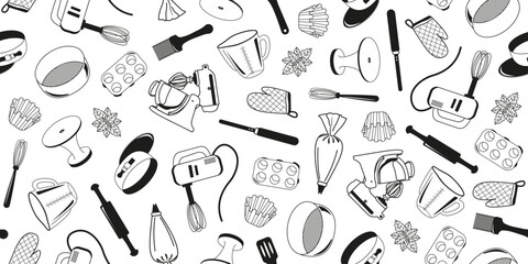 Seamless image of confectionery items in doodle style. Horizontal banner of attributes for cooking sweets. Vector cover of mixer, sieve, cake mold and spatula. - obrazy, fototapety, plakaty