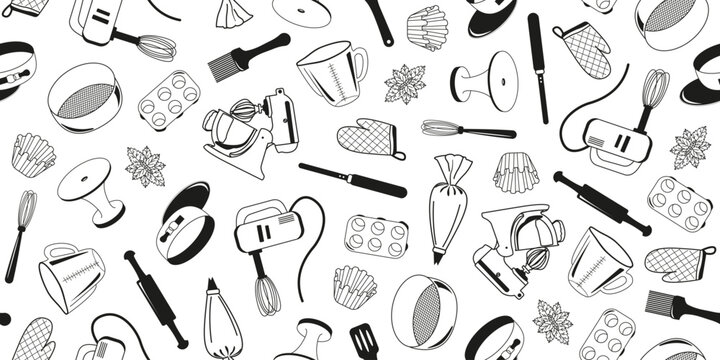 Seamless image of confectionery items in doodle style. Horizontal banner of attributes for cooking sweets. Vector cover of mixer, sieve, cake mold and spatula.