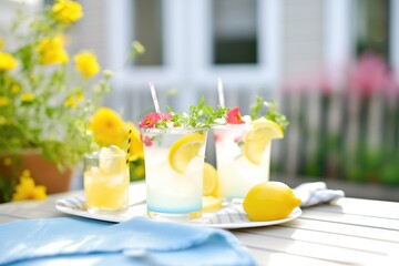 lemonade cocktails with lemon garnish at an evening patio party - obrazy, fototapety, plakaty