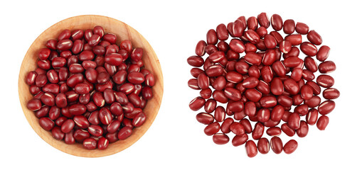 Red adzuki beans in wooden bowl isolated on white background. Top view. Flat lay.