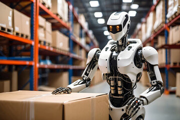Fototapeta premium Future Supermarket Cart Robot in Black Metal 3D Render. Business management or organization with smart system package box or contener in storage warehouse.robot automation technology.
