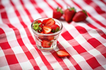 fresh strawberries in a glass bowl on checkered cloth