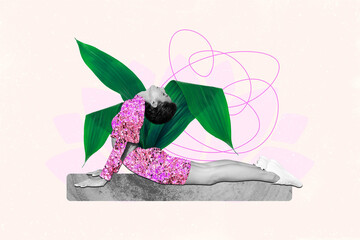 Horizontal conceptual photo collage with harmony girl meditating over green plants background...