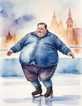 super morbidly obese man with a really fat belly ice skating. in an ice rink. watercolor drawing