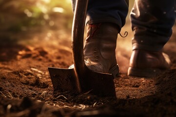 Gardener preparing soil for gardening in rubber boots