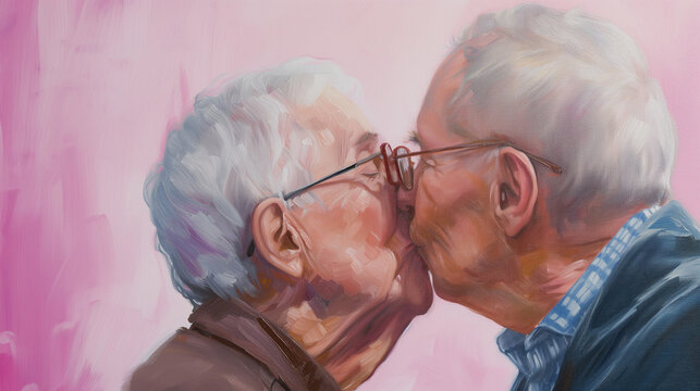 Valentine's Day abstract illustration of a senior male gay couple kissing, pink background. Closeup painting of an elderly queer male couple in love. AI generated