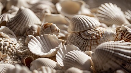 Fototapeta na wymiar Closeup of a collection of seashells in sepia tone, perfect for natural textured backgrounds.
