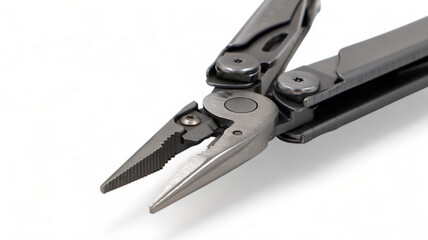One modern gray iron open folding multifunctional knife on a white background. Multi-tool with advanced tools. Pliers close up. Compact and portable product. Pocket knife. EDC concept. Copy space.