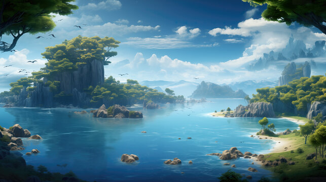 wonderful lofi relaxing wallpaper showing an island, painting style