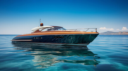 Luxury speedboat cruising on a calm blue sea.