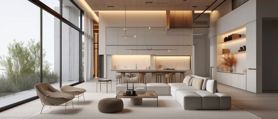 Obraz premium modern minimalist home interior design, neutral color palette, an open-concept living space seamlessly connected
