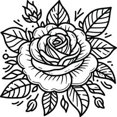 coloring page, rose flower line art illustration, cartoon style, no shading, illustration