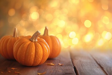orange pumpkins on a wooden table on a bokeh glowing background copy space
