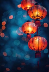 Obraz premium Lunar New Year holiday background. Red Chinese lanterns on beautiful bokeh background with copyspace for your greetings text.