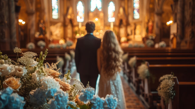 Sad, funeral and flowers with couple and coffin in church for death, respect and mourning. generative ai