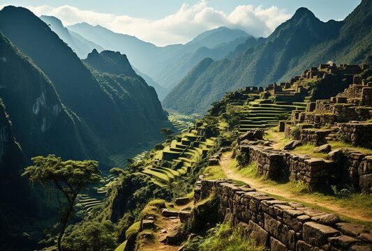 Mist rising from a valley at machu picchu, Beautiful image. Created with AI