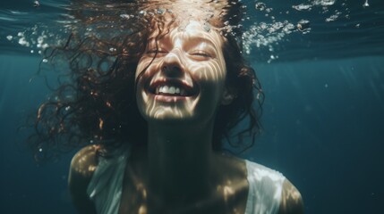 Close-up of a beautiful happy woman floating underwater in a pool or sea on a blue water background. Healthy lifestyle, Vacations, travel, Hobbies and recreation, Sports concepts.