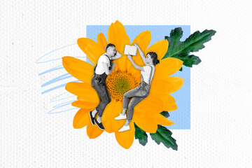 Horizontal surreal photo collage of couple lying in giant yellow flower and read book literature...