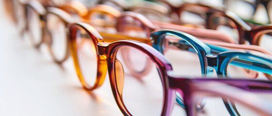 A Spectrum of Eyeglasses in a Row: A Close-Up View of Varied Hues and Fashionable Frames - obrazy, fototapety, plakaty