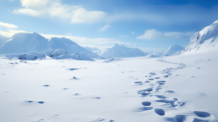 Fototapeta na wymiar footsteps in the snow, winter wallpaper